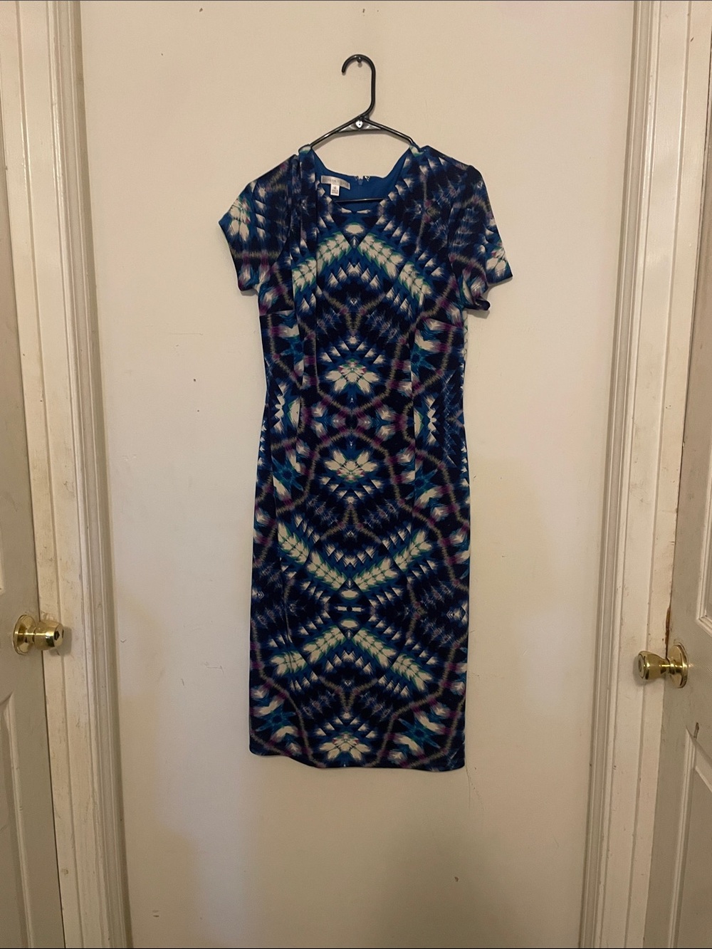 London Times Navy Blue Geometric Midi Dress